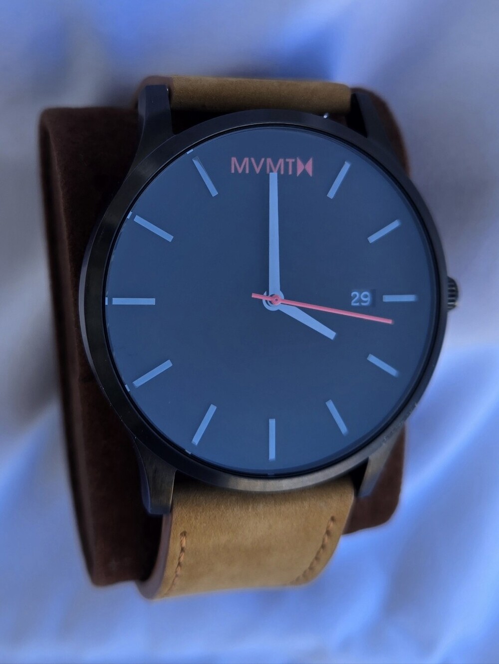 MVMT Classic 45mm Men's Watch - Black Dial / Tan Leather Strap - NEW Battery, Ne